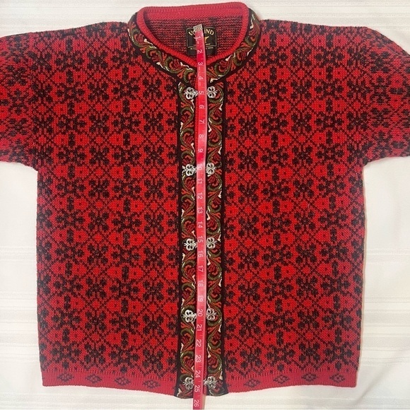 SALE 1/2 OFF Lambswool Sweater Volund Norwegian Cardigan VTG Sz S Red Blk EUC - Picture 9 of 13